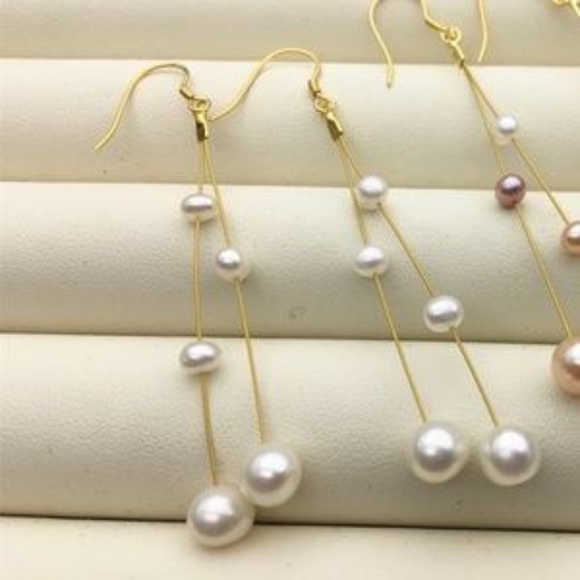 AAA Cultured White Pearl Dangle Earrings-14K GP - Picture 8 of 11